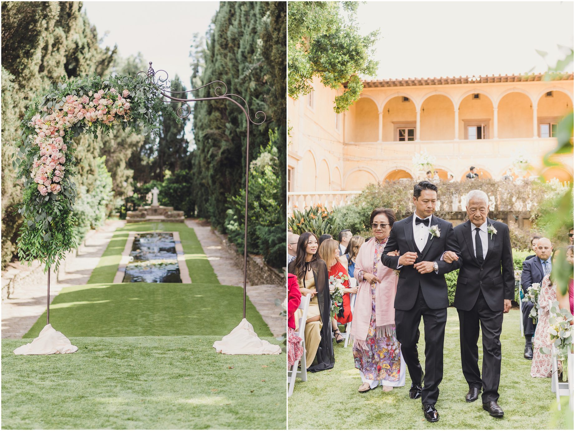 groom walks dow the aisle with his parents. In the photograph on the left we see an arch with flowers framing a pond