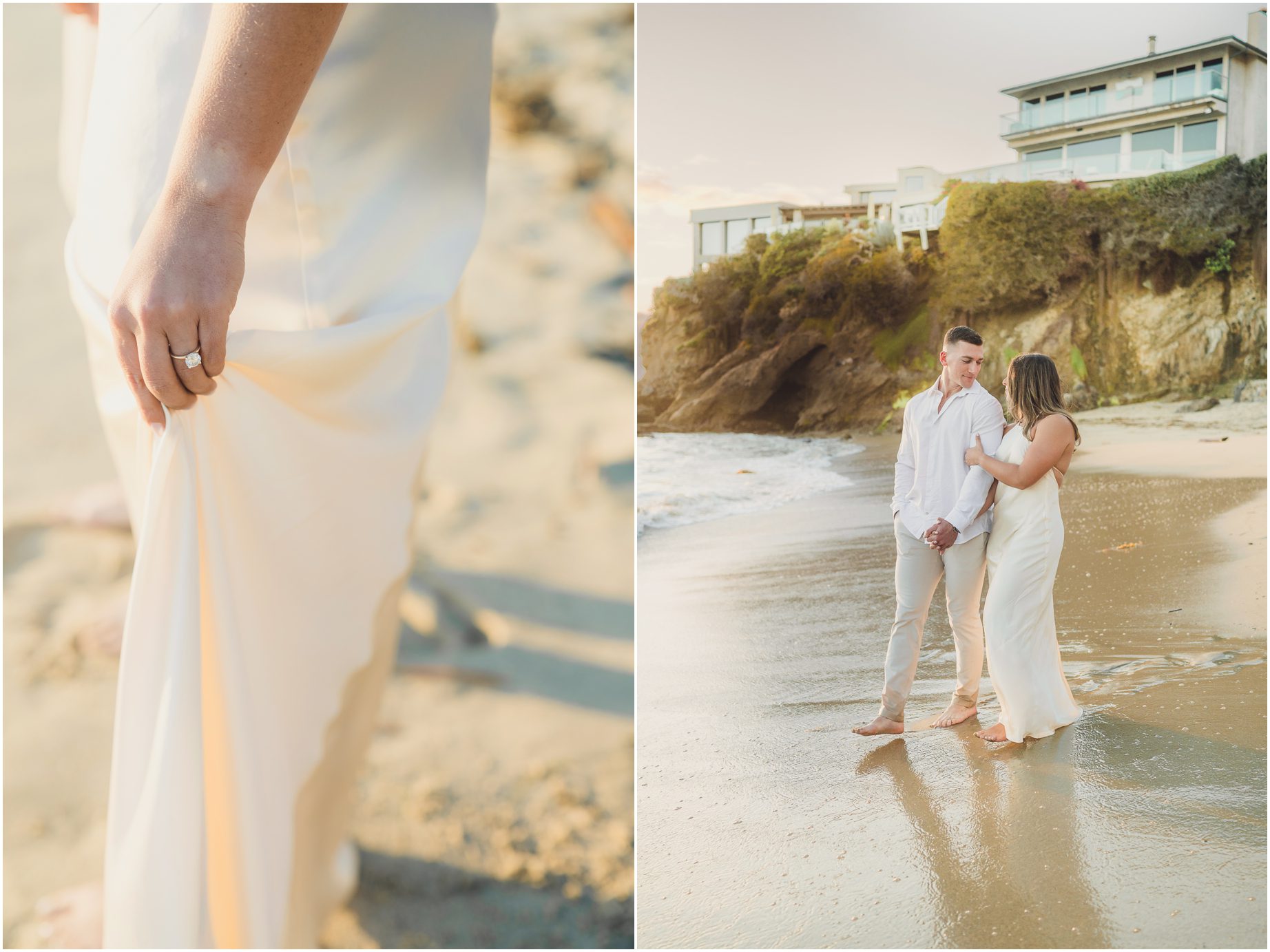 An engagement ring on a woman's finger and a photo of her with her fianc in Laguna Beach