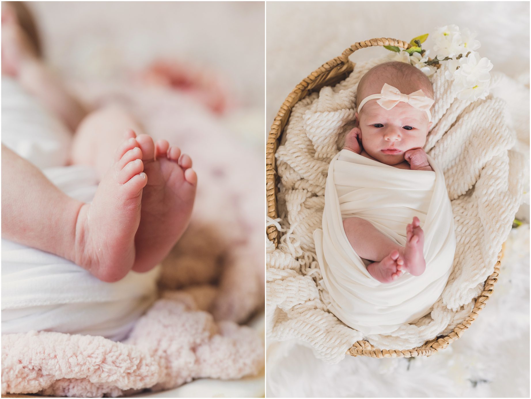 Little Emma's feet touch together as she looks at the camera during her newborn photo session