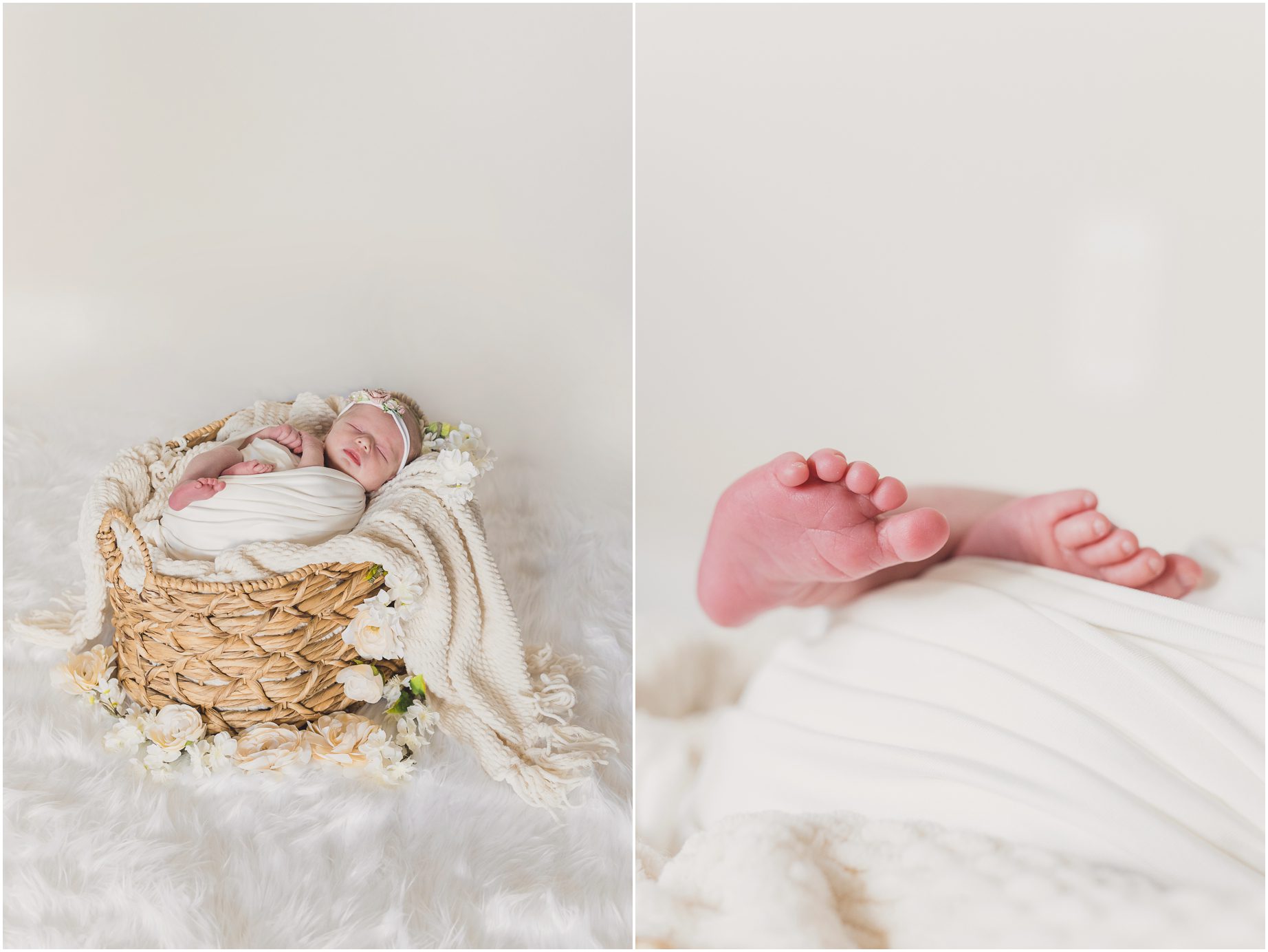 Little Emma rests, wrapped in a basket with white blankets and fabric all around her