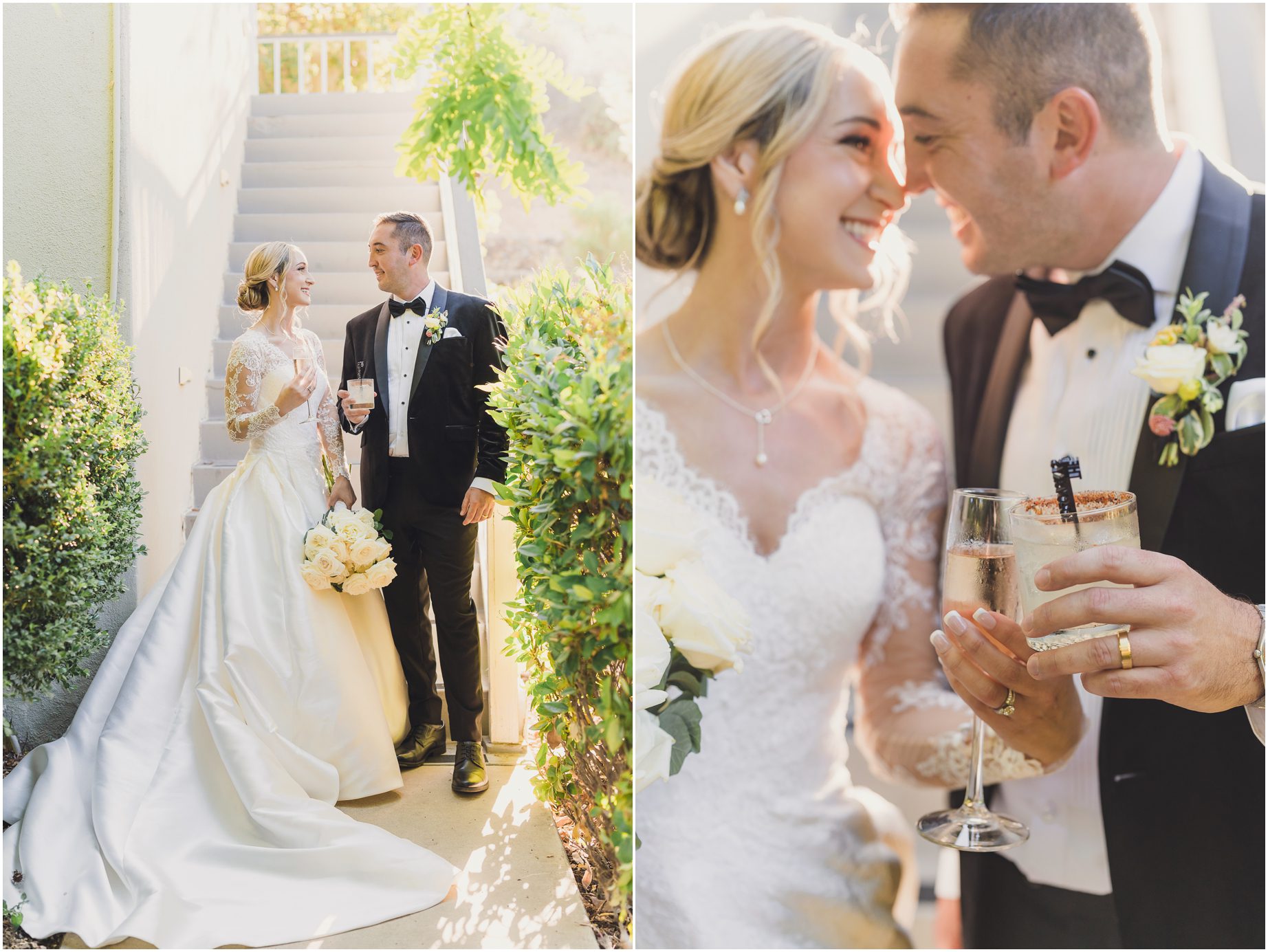 During golden hour, a bride and groom share a signature cocktail at their wedding in Southern California