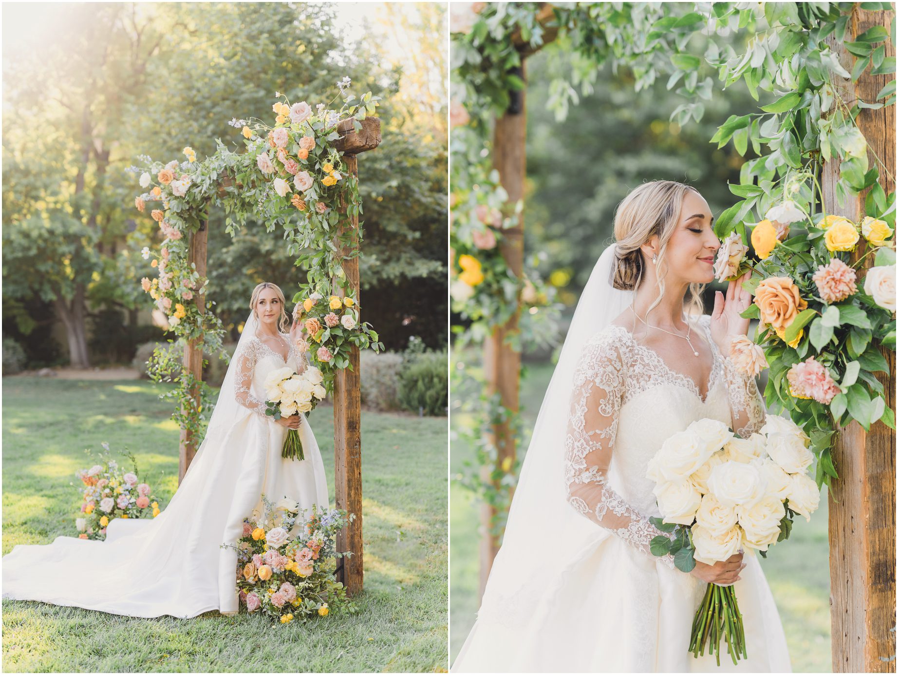 A bride stands near an arch, covered in florals, that is to be used in her wedding. in the second picture she smells the flowers and smiles. The flowers are yellow, peach, white, and pink