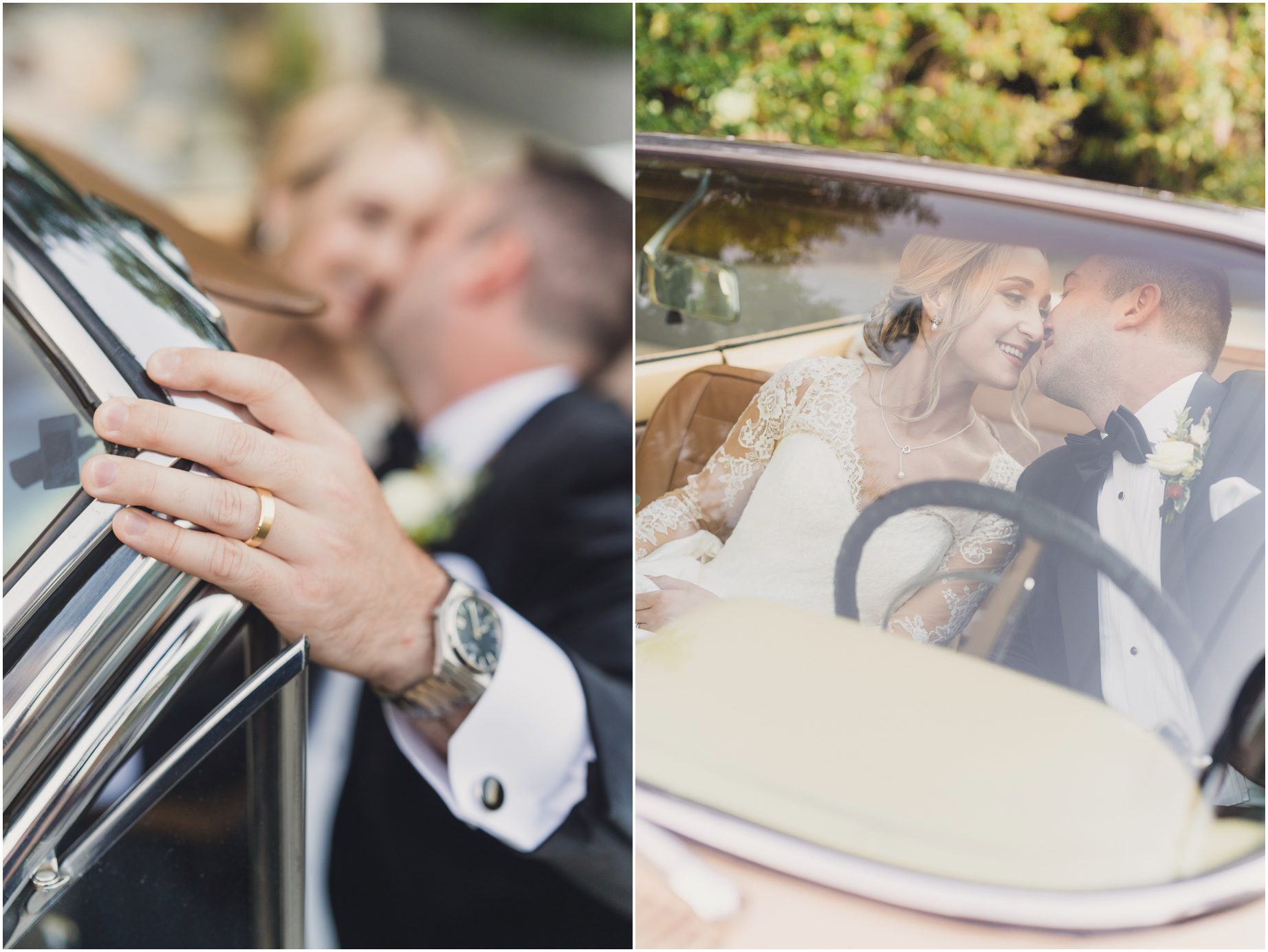 A photograph of a bride and groom in a classic car features the groom's gold wedding ring and his watch, while in another photograph the bride and groom share an intimate moment in the front seat of a classic car, faces close together, smiling.