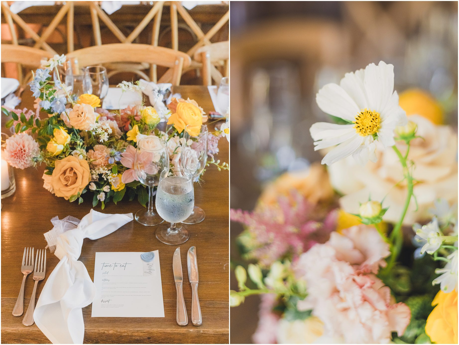Colorful florals on a wooden table, set for a wedding in Malibu