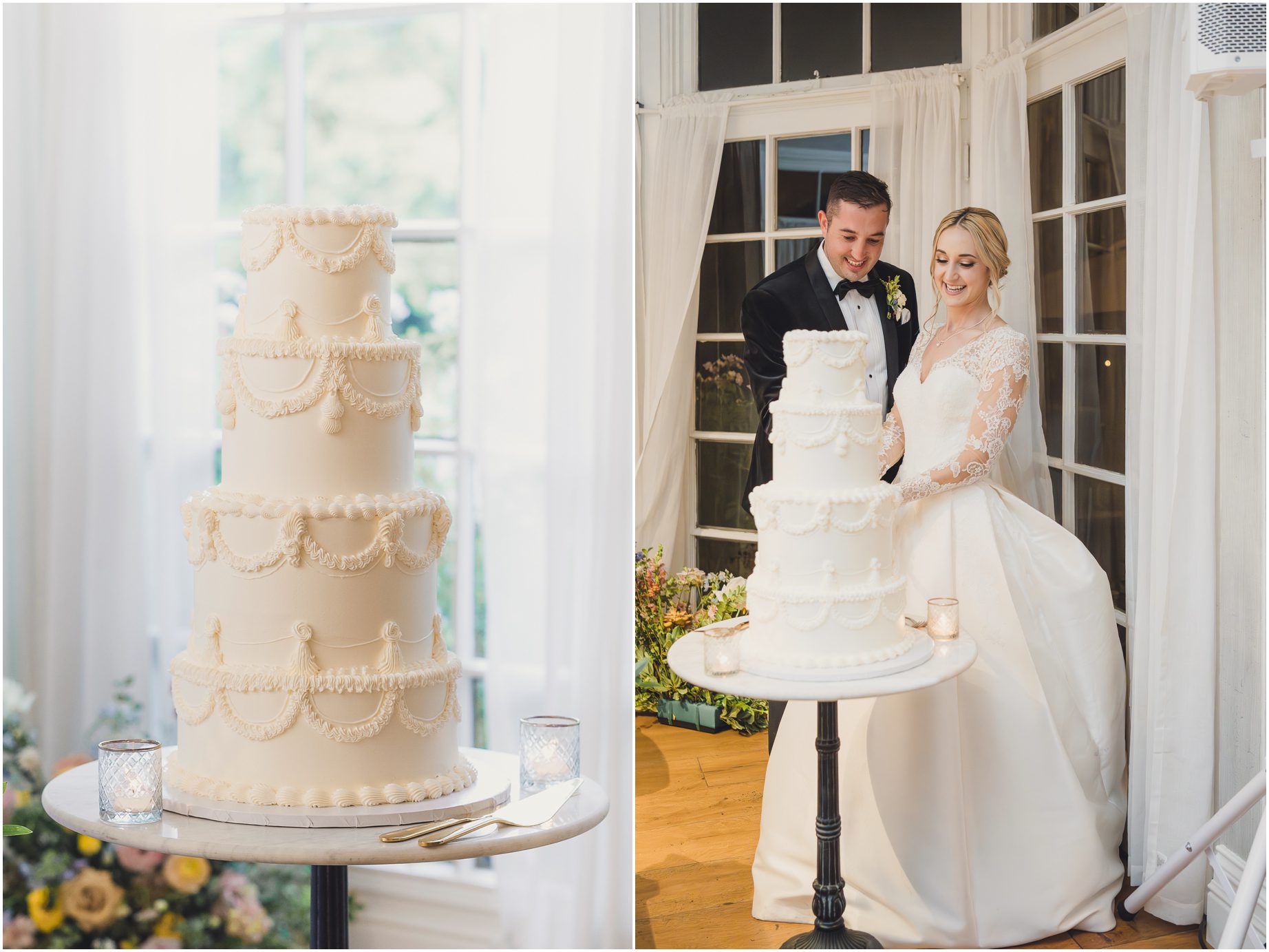 A bride and groom cut their elegant cake at the lodge at Malibou Lake