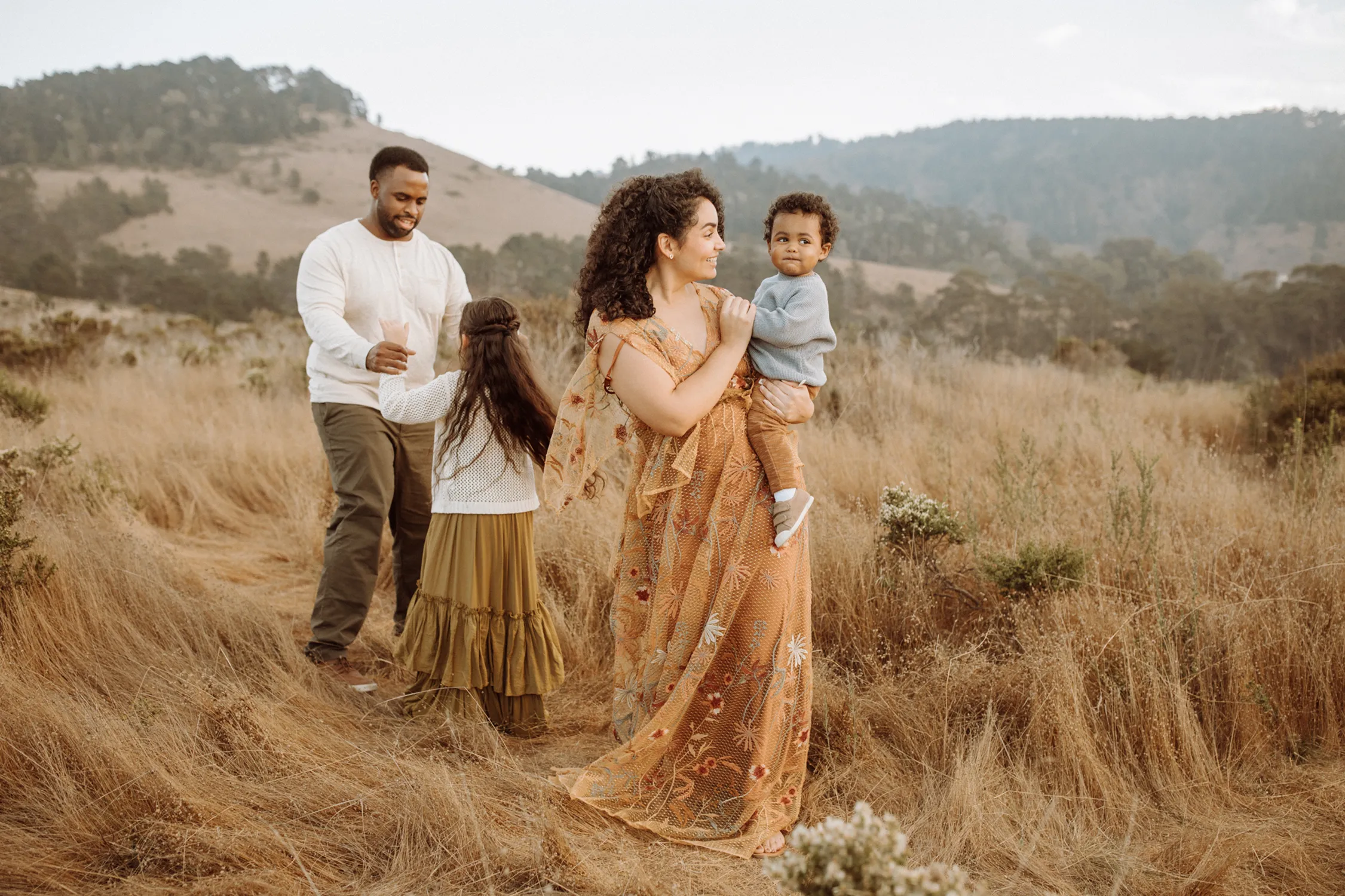 A family enjoying a serene moment in a golden field, with the focus on a woman in a patterned dress holding a toddler, as a man engages with a young girl, showcasing the Meridian Presets deal of the month ambiance.